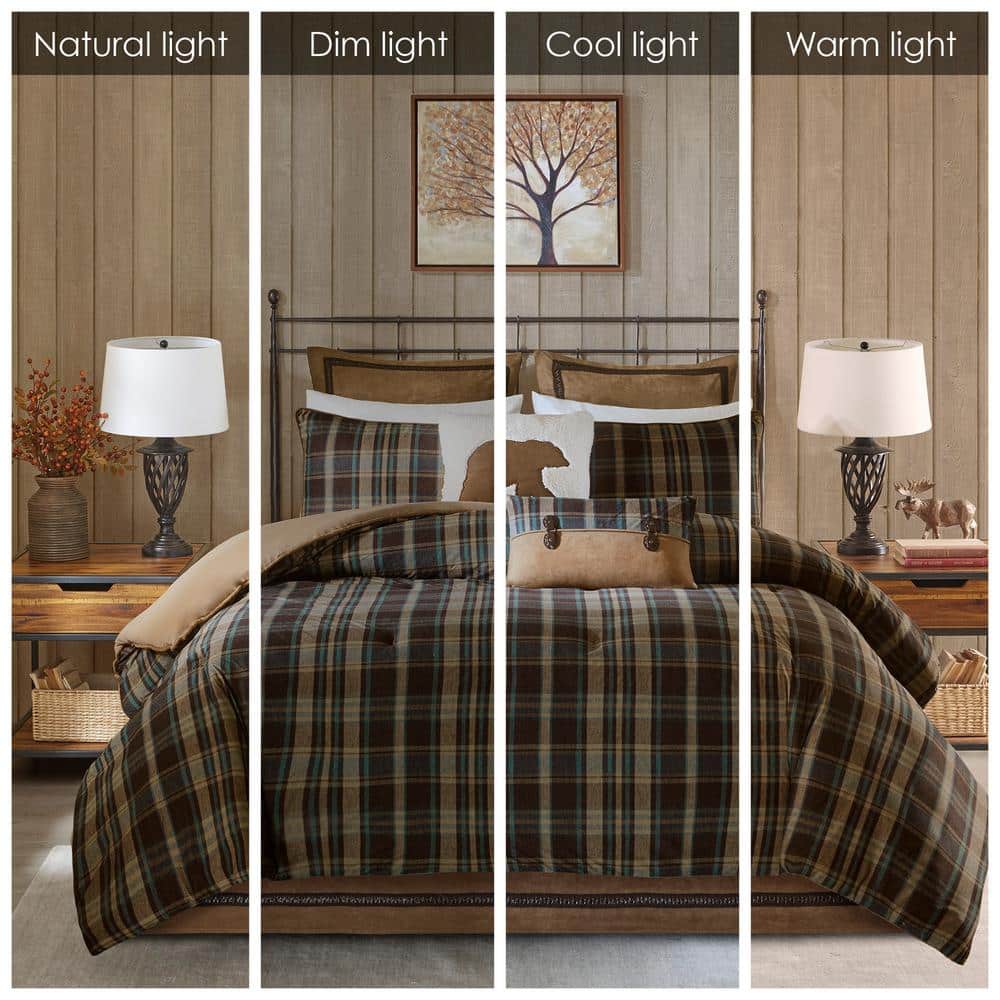 Queen Brown Microfiber Down Alternative Comforter Set with Plaid Design