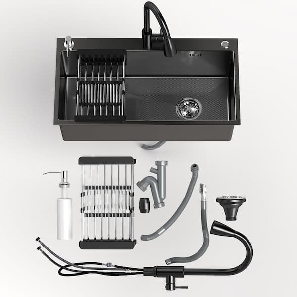 30 in. Drop-In/Undermount Single Bowl 16 Gauge Black Stainless Steel Kitchen Sink with Faucet and Soap Dispenser