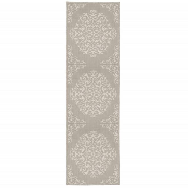 Gray, Ivory 2 ft. x 7 ft. Loomed Oriental Polypropylene Rectangle Indoor/Outdoor Area Rug