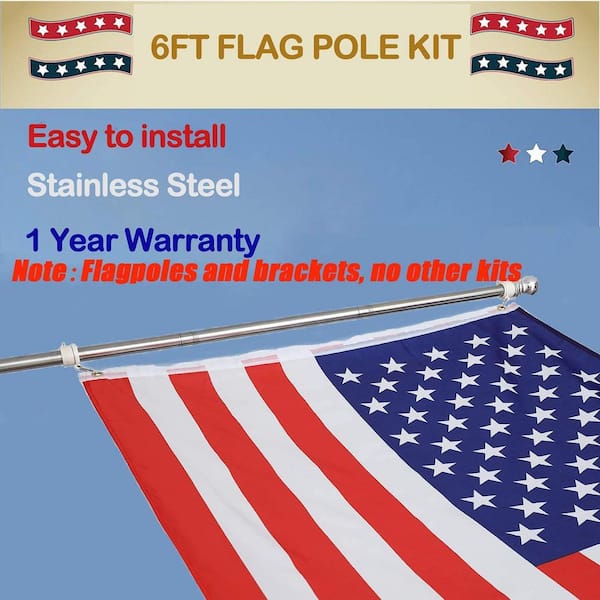 6 FT Flagpole Kit Bracket Silver Stainless Steel Flag Pole for American Flag 