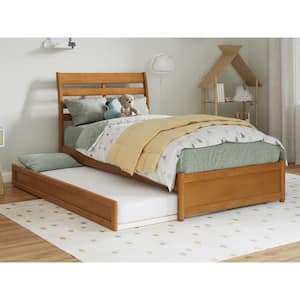 Emelie Light Toffee Natural Bronze Solid Wood Frame Twin Platform Bed with Panel Footboard and Twin Trundle