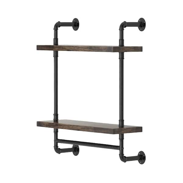 15.75 in. W x 0.6 in. H x 7.87 in. D Wood Rectangular Shelf in Brown, Wall Mounted Pipe Floating Shelves with Towel bar