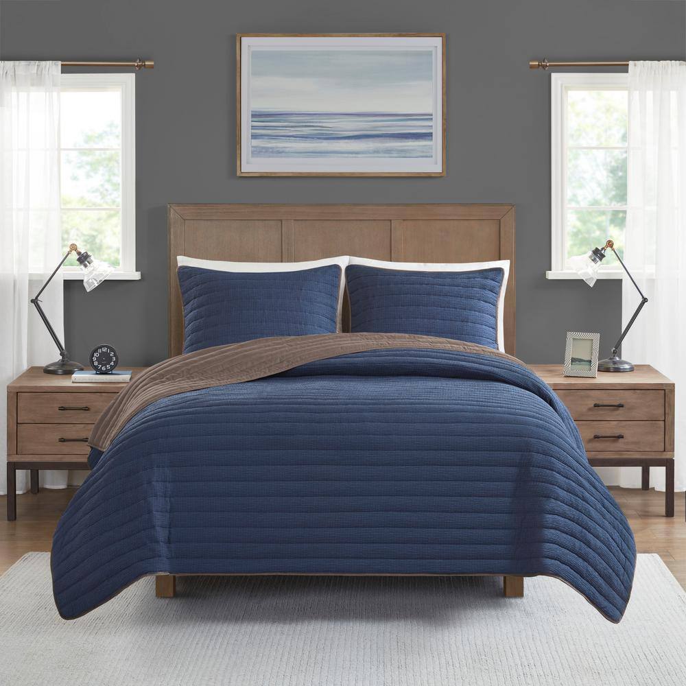 Navy and Brown King Microfiber Reversible Quilt Set