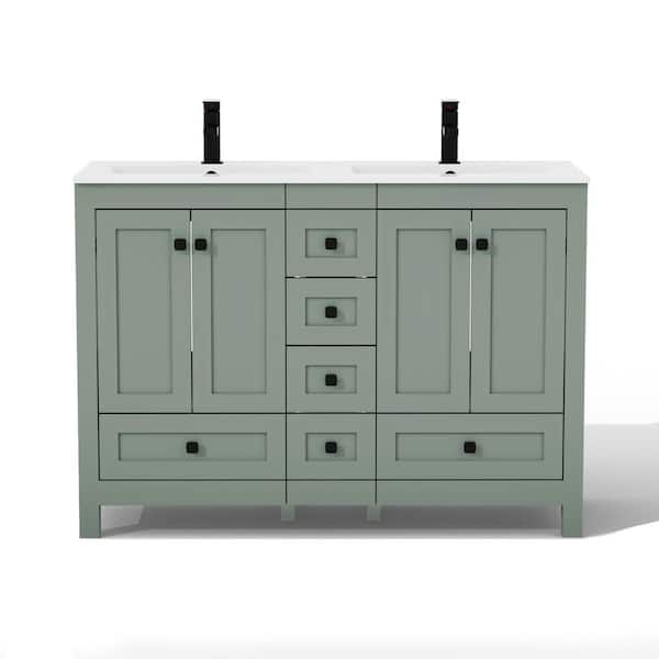 48 in. W. x 18 in. D x 34 in. H Sink Bath Vanity in Green with White Resin Double Sink Top and Drain Faucet Set