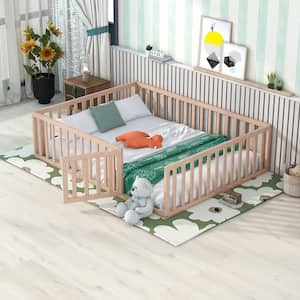 Queen Size Wood Daybed Frame with Fence, Queen Floor Bed with Door for Toddlers Kids, Box Spring Needed, Natural