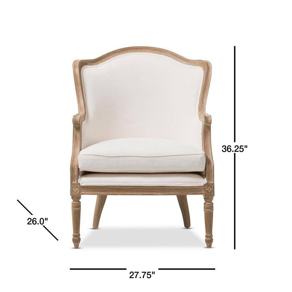 Charlemagne Distressed Brown Oak Wood French Accent Chair with Beige Cotton