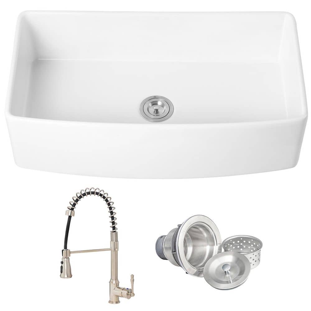 White Fireclay 36 in. Single Bowl Apron-Front Kitchen Sink with Faucets, Basket Strainer price history on PriceWatchPro