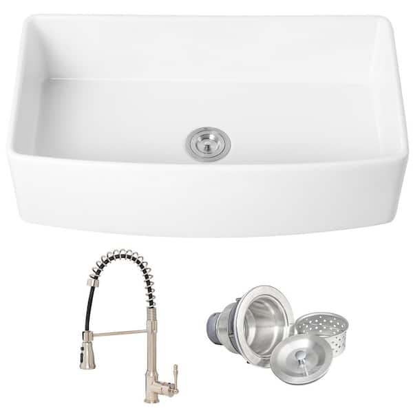 White Fireclay 36 in. Single Bowl Apron-Front Kitchen Sink with Faucets, Basket Strainer