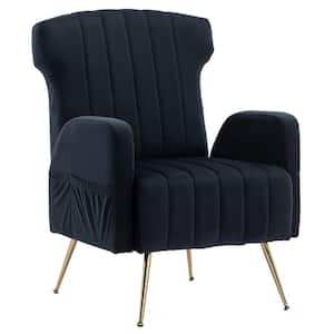 Modern Upholstered Black Velvet Wingback Accent Arm Chair with Metal Legs