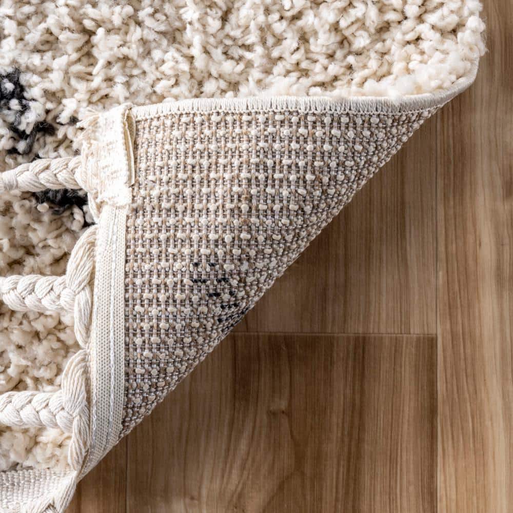 Off-White and Black Synthetic Shag Rectangular Area Rug 10' x 14'