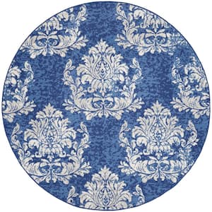 Whimsicle Navy Ivory 8 ft. x 8 ft. Floral Farmhouse Round Area Rug