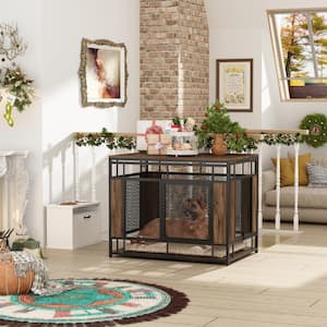 Dog House Furniture, Large Pet Crate End Table Indoor Mesh and Wooden Dog Kennels with 2-Doors for Dogs Walnut and Black