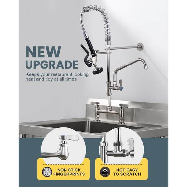 Brass Deck Mount Commercial Triple Handle Pull Down Sprayer Kitchen Faucet with Pre-Rinse Sprayer in Brushed Nickel