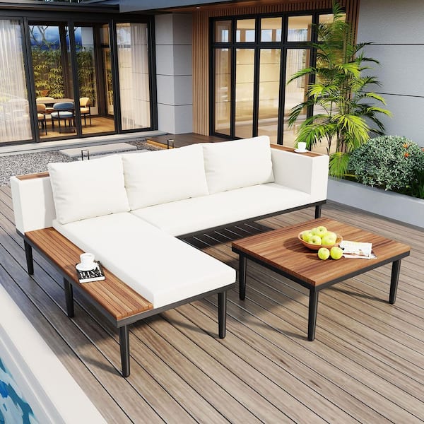 L-Shaped Wood Outdoor Conversation Sectional Sectional Set with Beige Cushions and Coffee Table