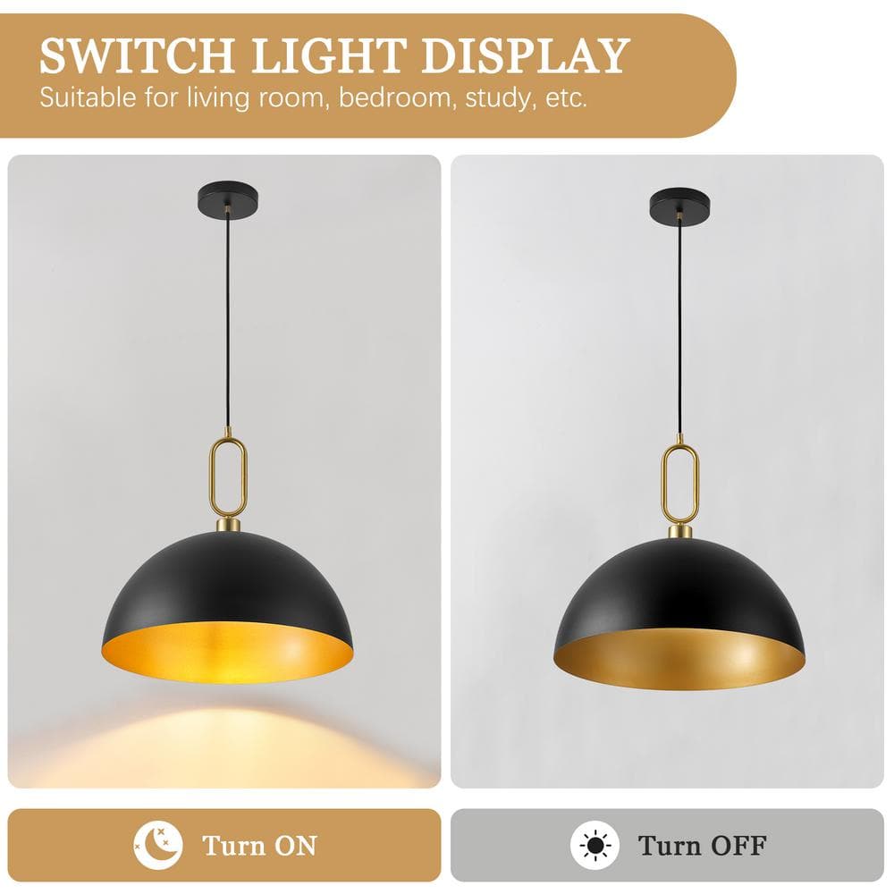 Large Black and Gold Metal Dome Pendant Light for Kitchen Island
