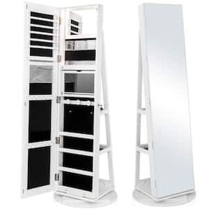 360° Rotating Mirrored Jewelry Cabinet w/High Mirror and Storage Shelves White
