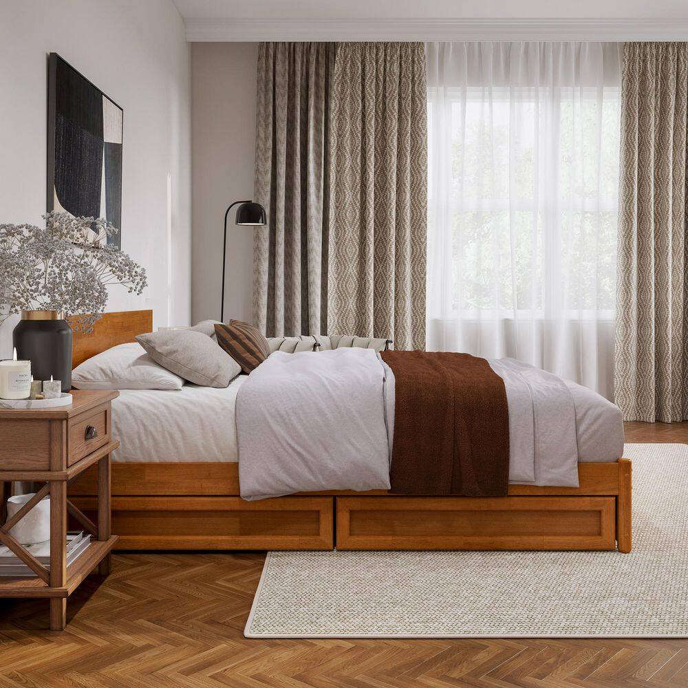 Wesley Walnut Brown Solid Wood Frame King Platform Bed with Panel Footboard and Storage Drawers - thumbnail 3