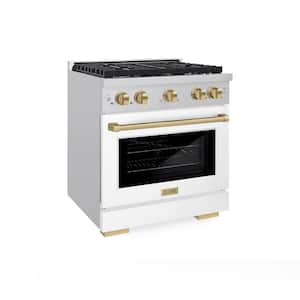 Autograph Edition 30 in. 4-Burner Freestanding Gas Range and Convection Oven in White Matte and Champagne Bronze