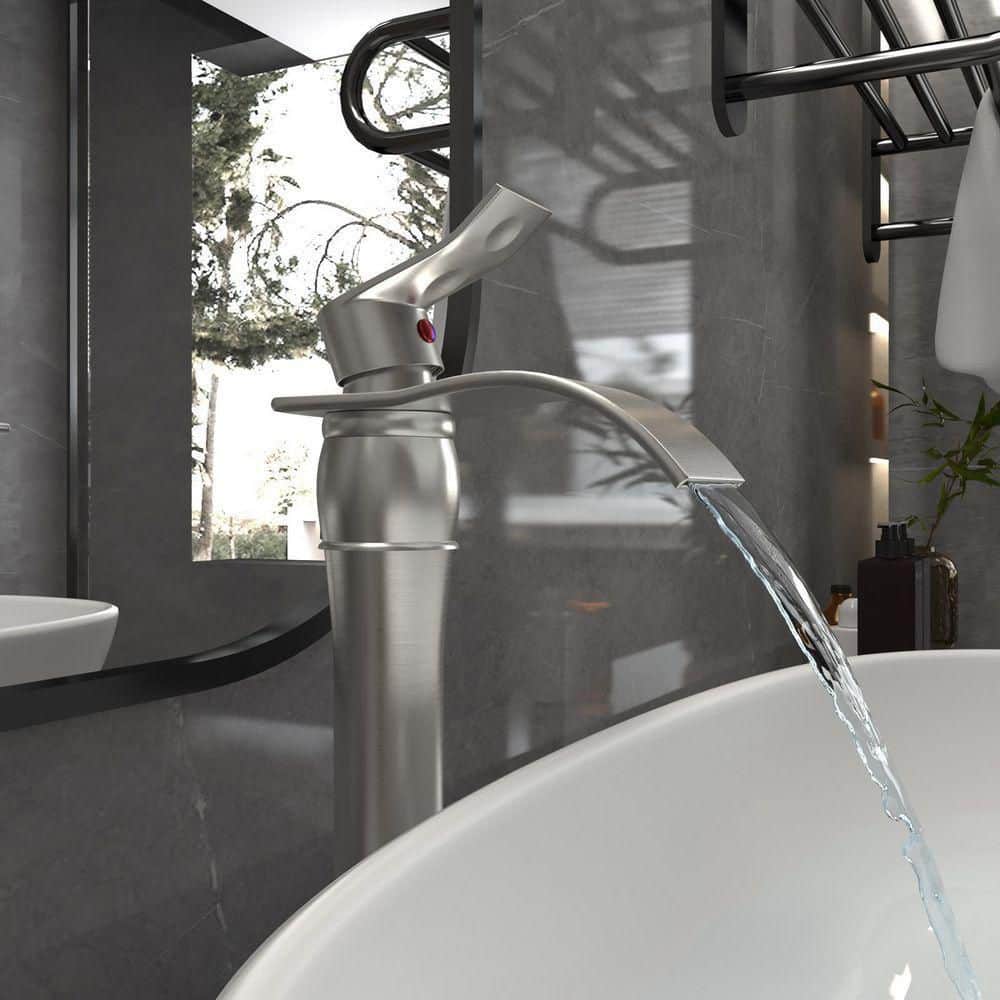 Brushed Nickel Waterfall Vessel Bathroom Faucet with Pop-Up Drain