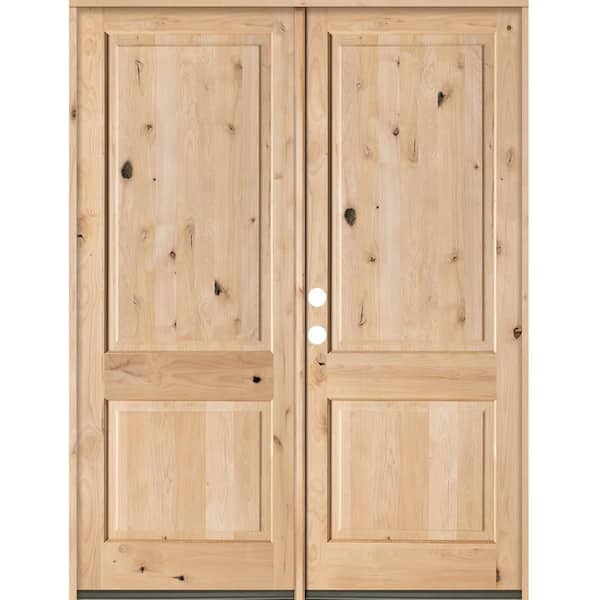 72 in. x 96 in. Rustic Knotty Alder 2-Panel Square Top Unfinished Right-Hand Inswing Wood Double Prehung Front Door