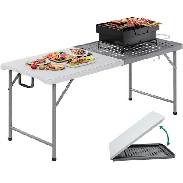 DEXTRUS 6 ft. Metal Portable Folding Grill Table with Mesh Surface, 2-in-1 Design for Camping, BBQ, Picnic, White