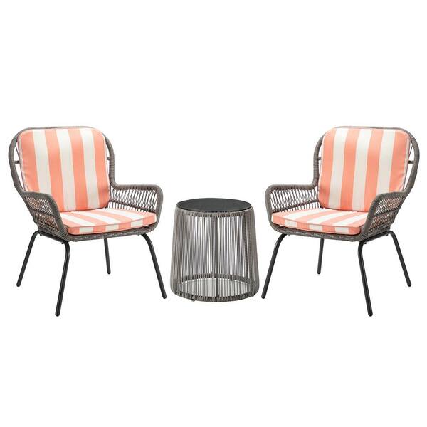JAYDEN CREATION Jhelum 3-Piece Outdoor Bistro Sets 2-Person Wicker Seating Group with Blush Cushions and Glass Coffee Table