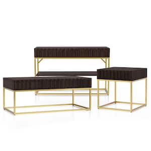 Kapulet 47.75 in. Walnut and Gold Rectangle Wood Top 3-Piece Coffee Table Set