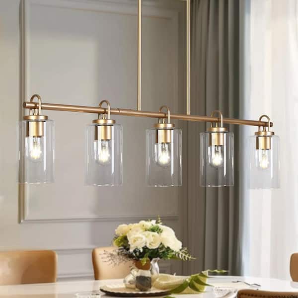 5-Light Dark Gold Linear Chandelier for Kitchen Island with Clear Glass Shades