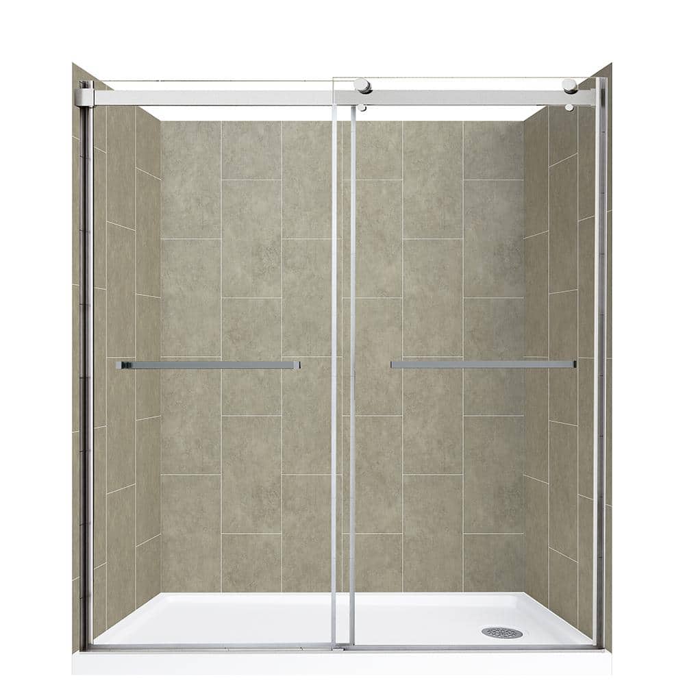 CRAFT + MAIN Lagoon Double Roller 60 in L x 32 in W x 78 in H Right Drain Alcove Shower Stall Kit in Shale and Silver Hardware -  GFS6032LGSV-SHR