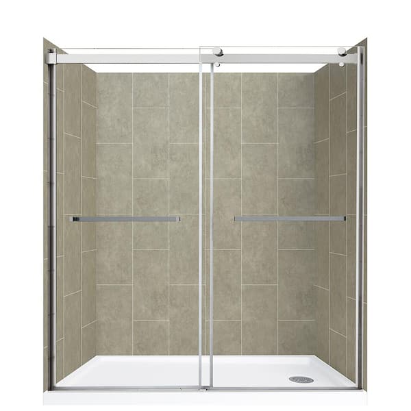 CRAFT + MAIN Lagoon Double Roller 60 in L x 32 in W x 78 in H Right Drain Alcove Shower Stall Kit in Shale and Silver Hardware