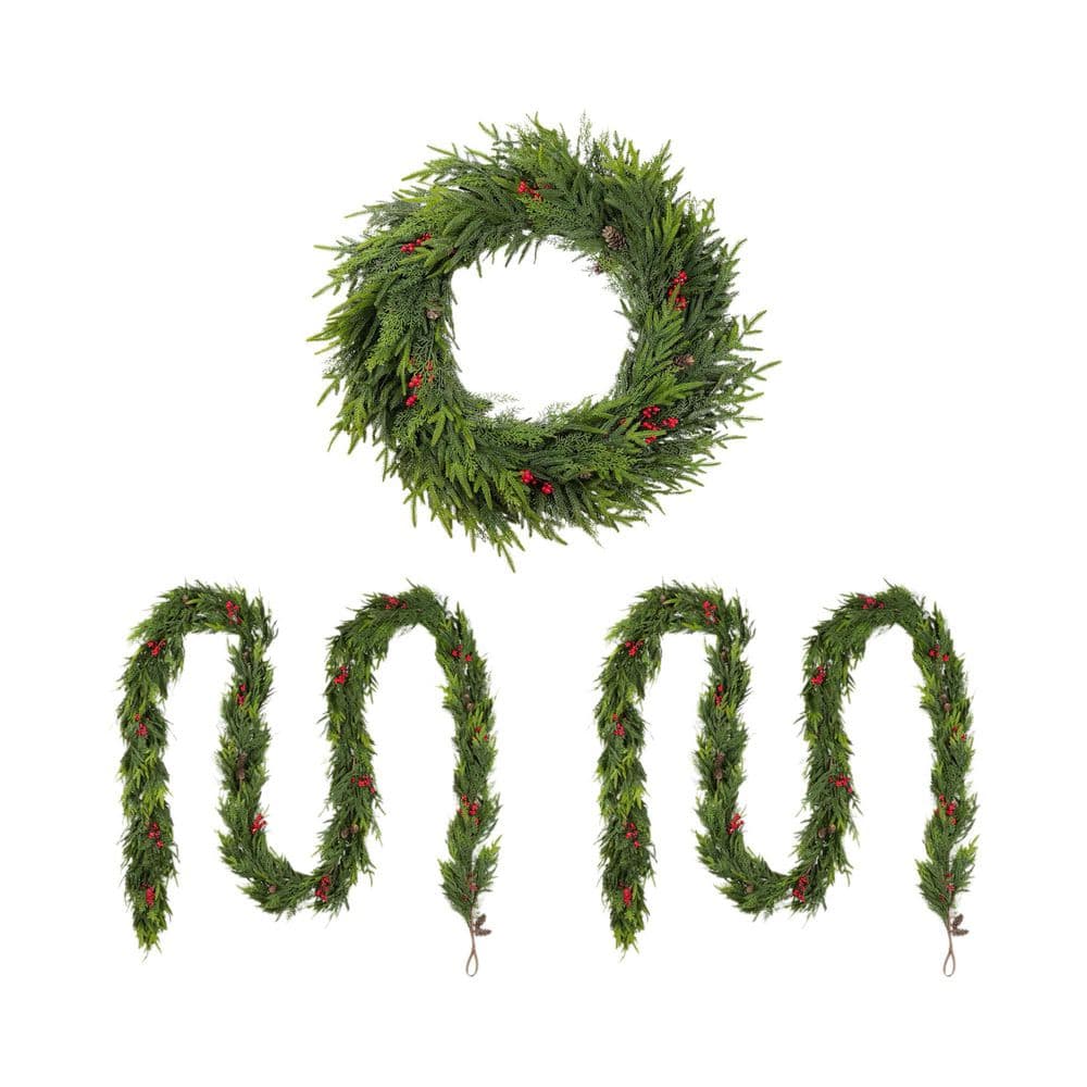 30 in. D Oversized Christmas PE Dripping Wreath with Pinecones and Red Berries and Matched 18ft Garland Set (Set of 3) price history on PriceWatchPro