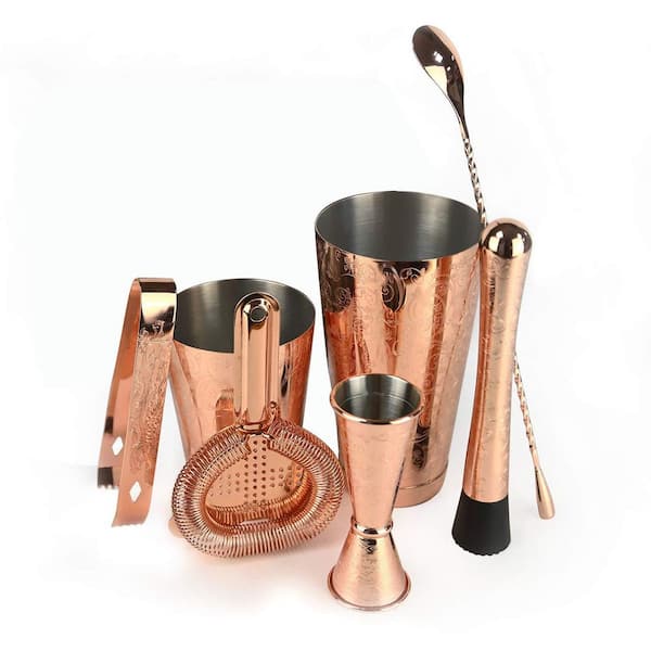 6-Piece Copper Stainless Steel Bar Set Include Cocktail Shaker, Hawthorne Strainer, Ice tongs, Jigger and Muddler