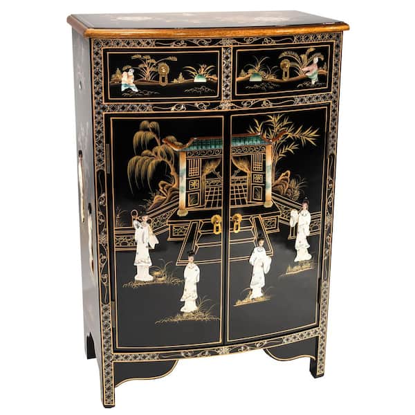 Black Lacquer Royal Ladies Half-Round Accent Cabinet