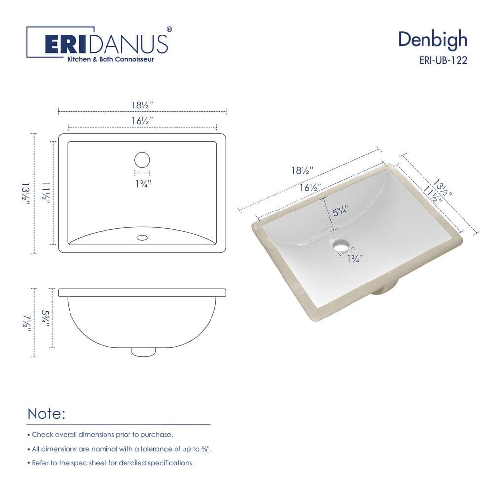 Denbigh 18" White Ceramic Rectangular Undermount Bathroom Sink