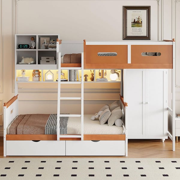 Multi-Functional White and Orange Twin over Full Bunk Bed with LED Lighting, 2 Drawers, Wardrobe, Storage Shelves