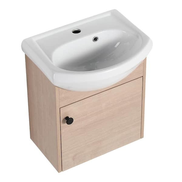 INSTER PLAIN 18.12 in. W x 14.37 in. D x 20.87 in. H Single Sink Wall Bath Vanity in Light Oak with White Ceramic Sink Top