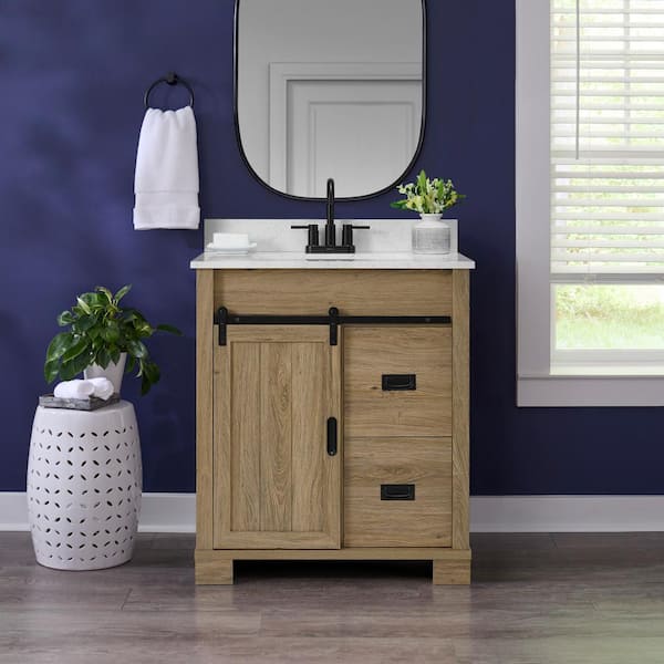 Brindley 30 in. Single Sink Freestanding Aged Oak Bath Vanity with White Engineered Stone Top (Assembled)