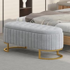 Elegant Gray Upholstered Velvet Storage Bedroom Bench with Button-Tufted Flip-Top Seat Lid and Gold Metal Legs