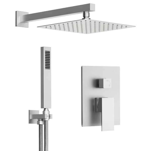 GRANDJOY Pressure Balance 2-Spray Wall Mount 10 in. Fixed and Handheld Shower Head 2.5 GPM in Brushed Nickel