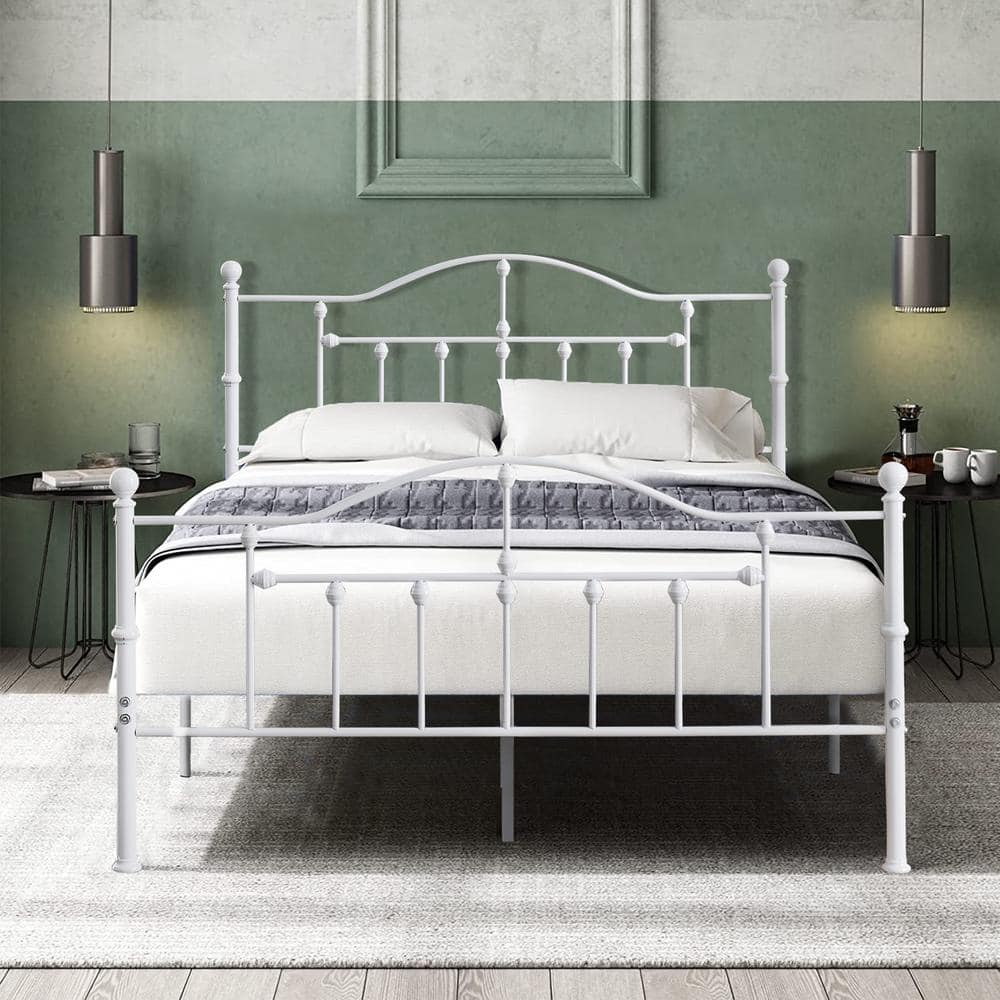 VECELO Queen Size Victorian Style Metal Bed Frame with Headboard Mattress Foundation Under Bed Storage 60 W White KHD YT Q01 UW The Home Depot