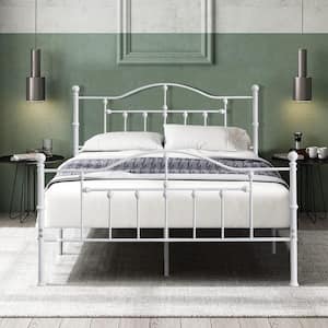 Queen Size Victorian Style Metal Bed Frame with Headboard, Mattress Foundation, Under Bed Storage, 60" W, White