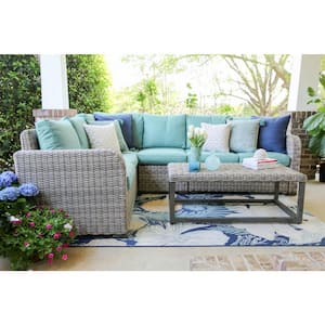 Forsyth 5-Piece Wicker Outdoor Sectional Seating Set with Spa Blue Polyester Cushions