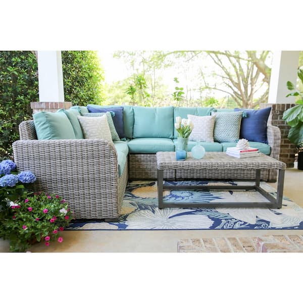 Leisure Made Forsyth 5-Piece Wicker Outdoor Sectional Seating Set with Spa Blue Polyester Cushions