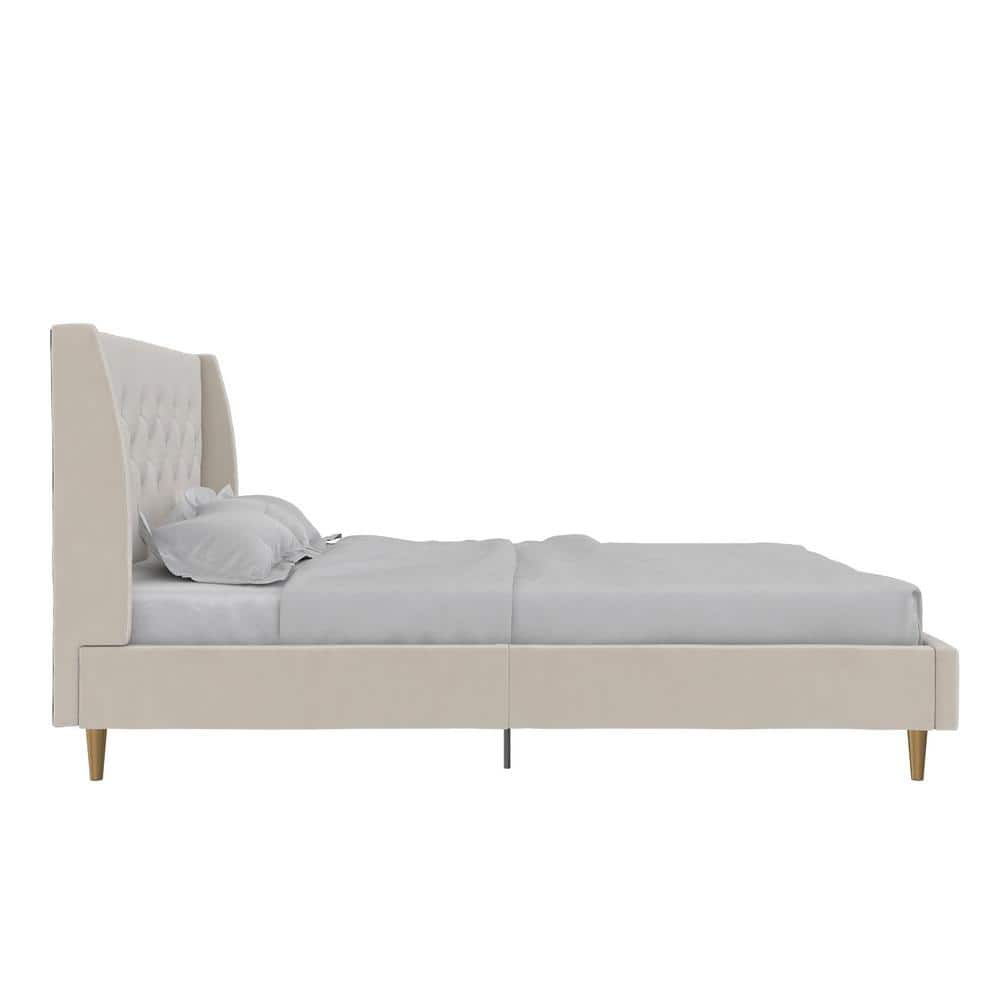 Ivory Velvet Queen Platform Bed with Diamond Tufted Wingback Headboard