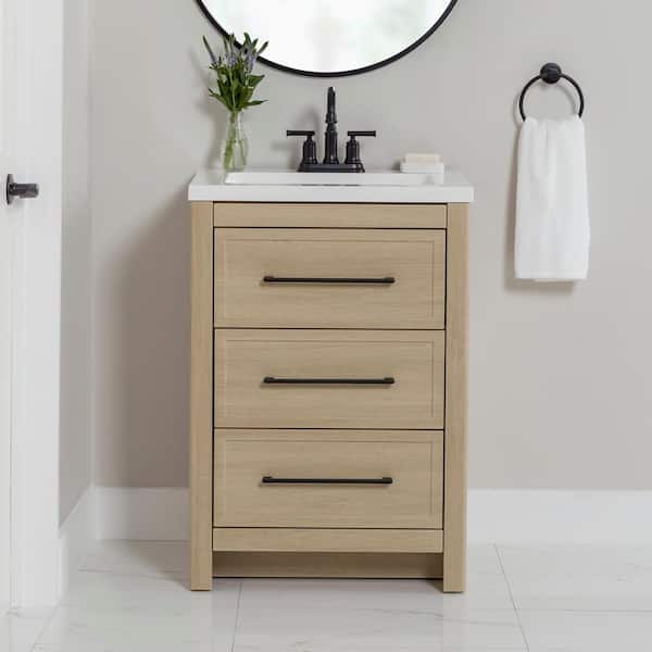 Home Decorators Collection Hailey 25 in. Single Sink Beige Oak Bath Vanity with White Cultured Marble Top (Assembled)