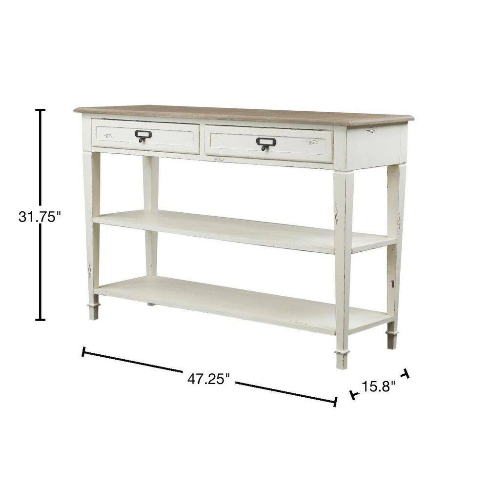 Dauphine Distressed White and Natural Wood Console Table with Storage