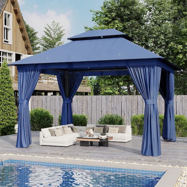 Blue Outdoor Gazebo for Patio 12 ft. x 10 ft., Metal Frame Canopy with Double Roofs, Heavy Duty Party Tent and Shelter