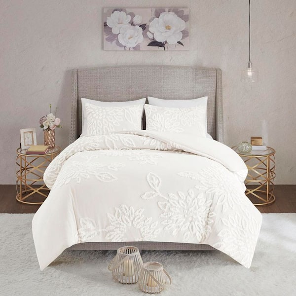 Pansy 3-Piece Off-White Floral Cotton Chenille Full/Queen Duvet Cover Set
