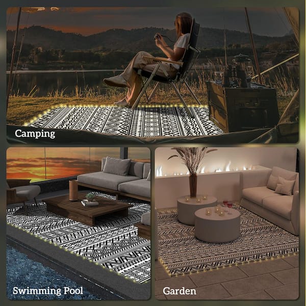 Black and White 10 ft. x 8 ft. Bohemian Reversible Polypropylene Outdoor Area Rug