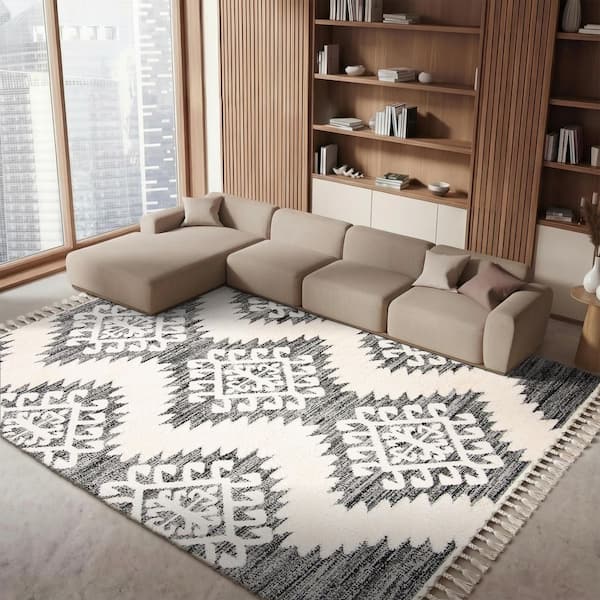 Moroccan Tassel Shag 11 ft. x 11 ft. Square Ivory/Gray Geometric Zig-Zag High-Low Area Rug